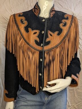 Vintage Diamond Leather Black And Brown Western Jacket Fringe Studs Made In USA